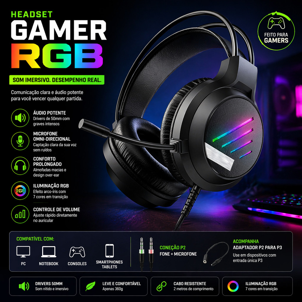 Headset Gamer Rgb Microfone, Fone Gamer Rgb Fio Pc e Console, Headset Gamer LED Over Ear Compatível P2 P3 — R$ 71,54 em Shopee