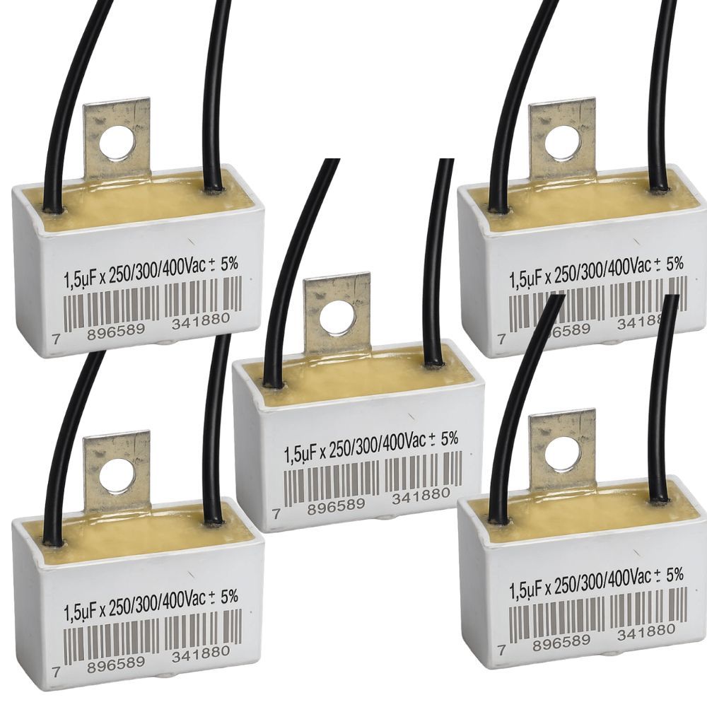 KIT 5 CAPACITOR 2 FIOS QUADRADO 1,5 UF X 250/300/400V CHAPA TRIO