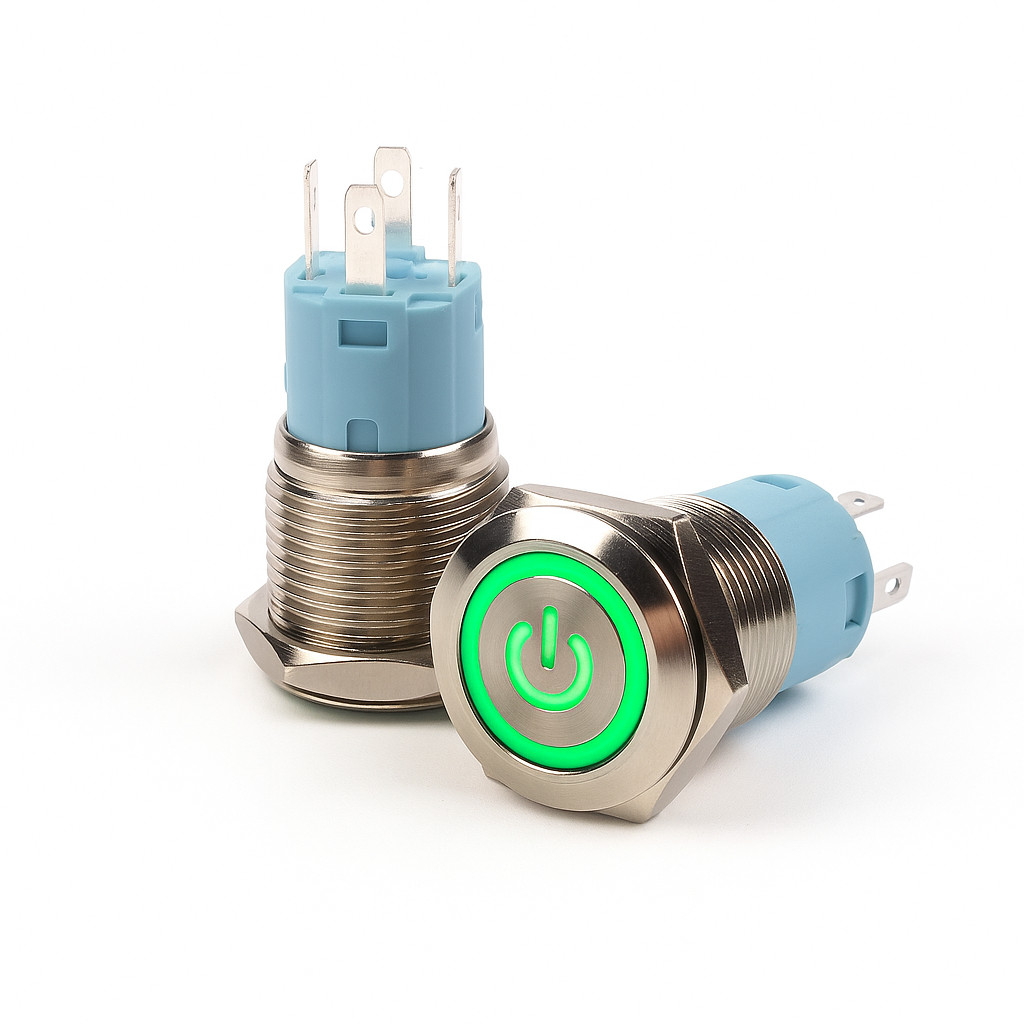 Botão Start Pulso Momentâneo 16mm LED Verde 12/24v Automação Acesso Tipo Buzina