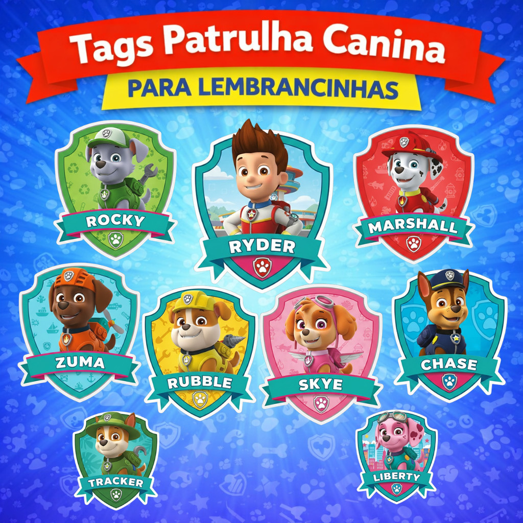 Kit 10 Tags Patrulha Canina 6cm Festa Infantil | Tags para Lembrancinhas | Ryder Chase Skye