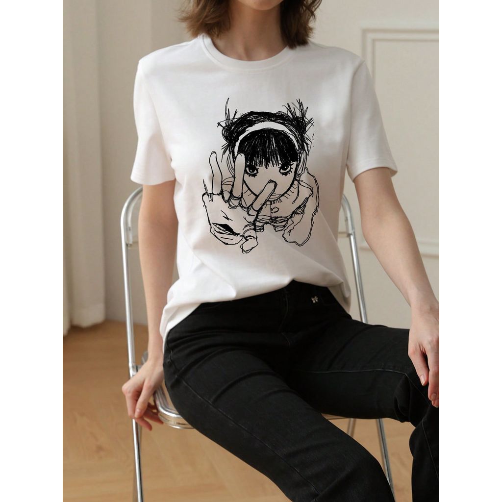 「BR.Moonlight」Camiseta Feminina Grafite Animacao Estampa Verao Confortavel Moderna Divertida Casual