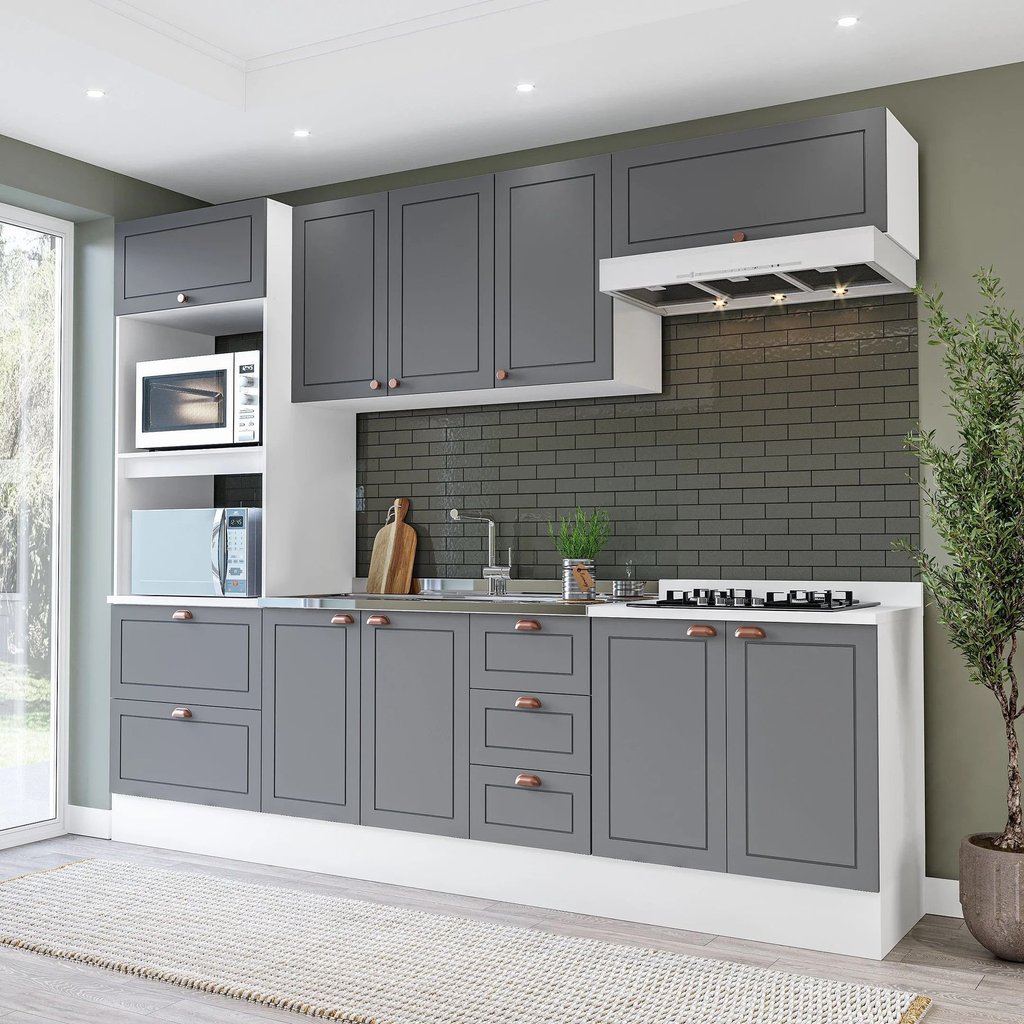 Cozinha Pérola com Rodapé 5 Peças Torre Quente Aéreo 3 Portas Balcão 120 Balcão 80 e Basculante Yesc Branco/Cinza