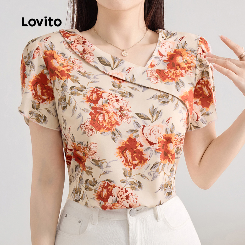 Lovito Blusa Casual Assimétrica com Flores  Blusa de Primavera/verão para Mulheres L143ED131 em Oferta na Shopee