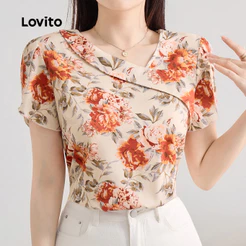 Lovito Elegante Blusa Assimétrica com Flores Blusa de Primavera/verão para Mulheres L143ED131