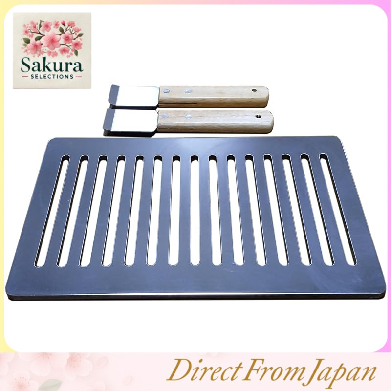 Iwatani Robatayaki Grill Aburiya Compatible with 6mm Thick Slit Iron Plate, Smooth Surface Finish, Includes 2 Lifters (also used as spatulas), Storage Bag, and Usage Instructions, Processed in Japan