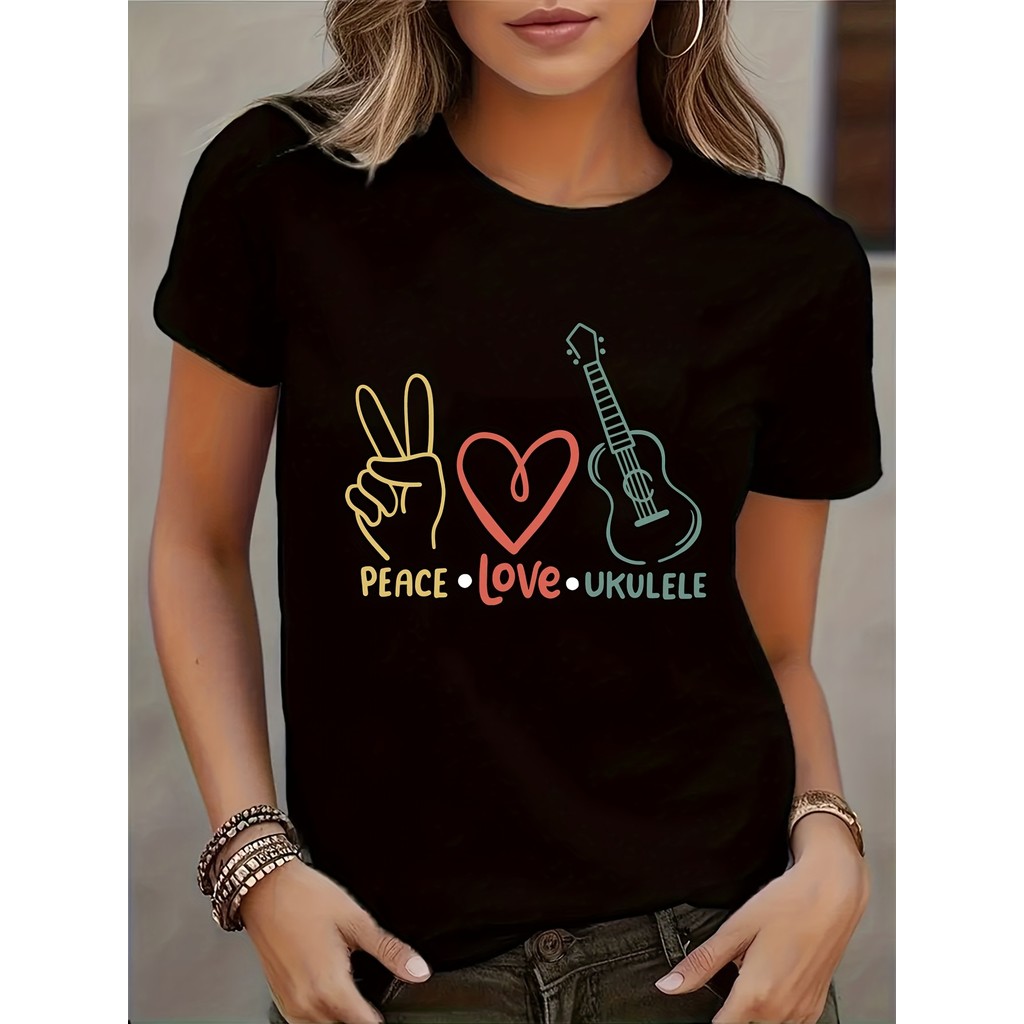 Camiseta Feminina Graphic Peace Love Ukulele Design Colorido Confortável Divertida Estilosa Primavera Verão