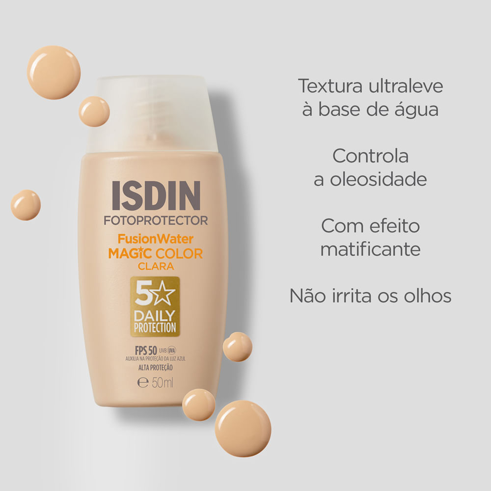 Detalhes do Protetor Solar Facial Isdin Fusion Water 5 Stars Color FPS 50 Cor Clara 50ml