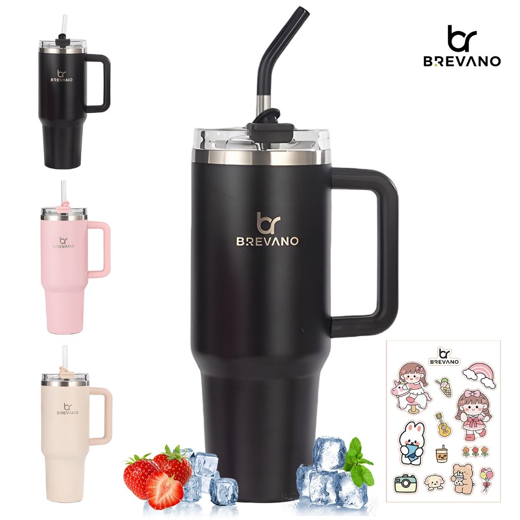 BREVANO Copo Térmico Inox Portátil 1.2l/1200ml com Tampa e Canudo Garrafa Térmica Inoxidável