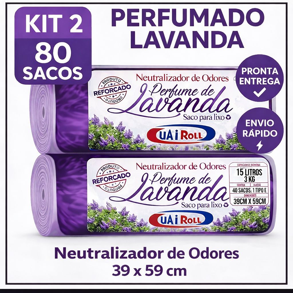 Saco De Lixo Kit 80 Unidades 15 Litros Tira Odor Perfumado Com Cheiro de Lavanda Econômico Saco De Lixo Kit 80 Unidades 15 Litros Tira Odor Perfumado Com Cheiro de Lavanda Econômico
