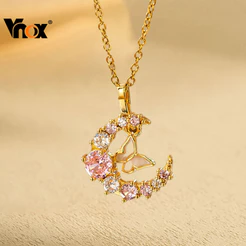 Vnox Rosa Zircão Lua Borboleta Pingente Colar Para Mulheres Menina , Ouro 18K Não Manchado Jóias Presente