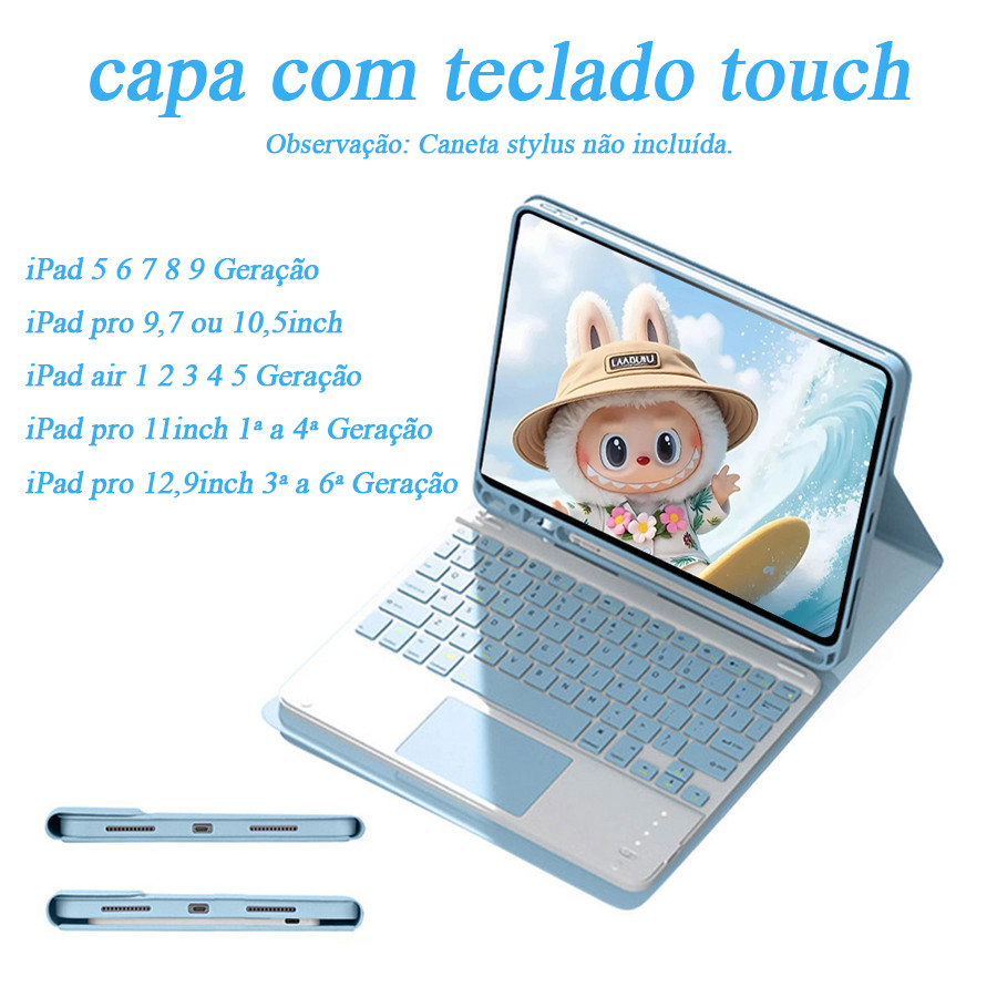 Capa com Teclado Touch Para iPad 5 6 7 8 9 Geração, ipad air1/2/3, air4/5,  iPad pro 9,7" /10,5" /11" /12,9 "