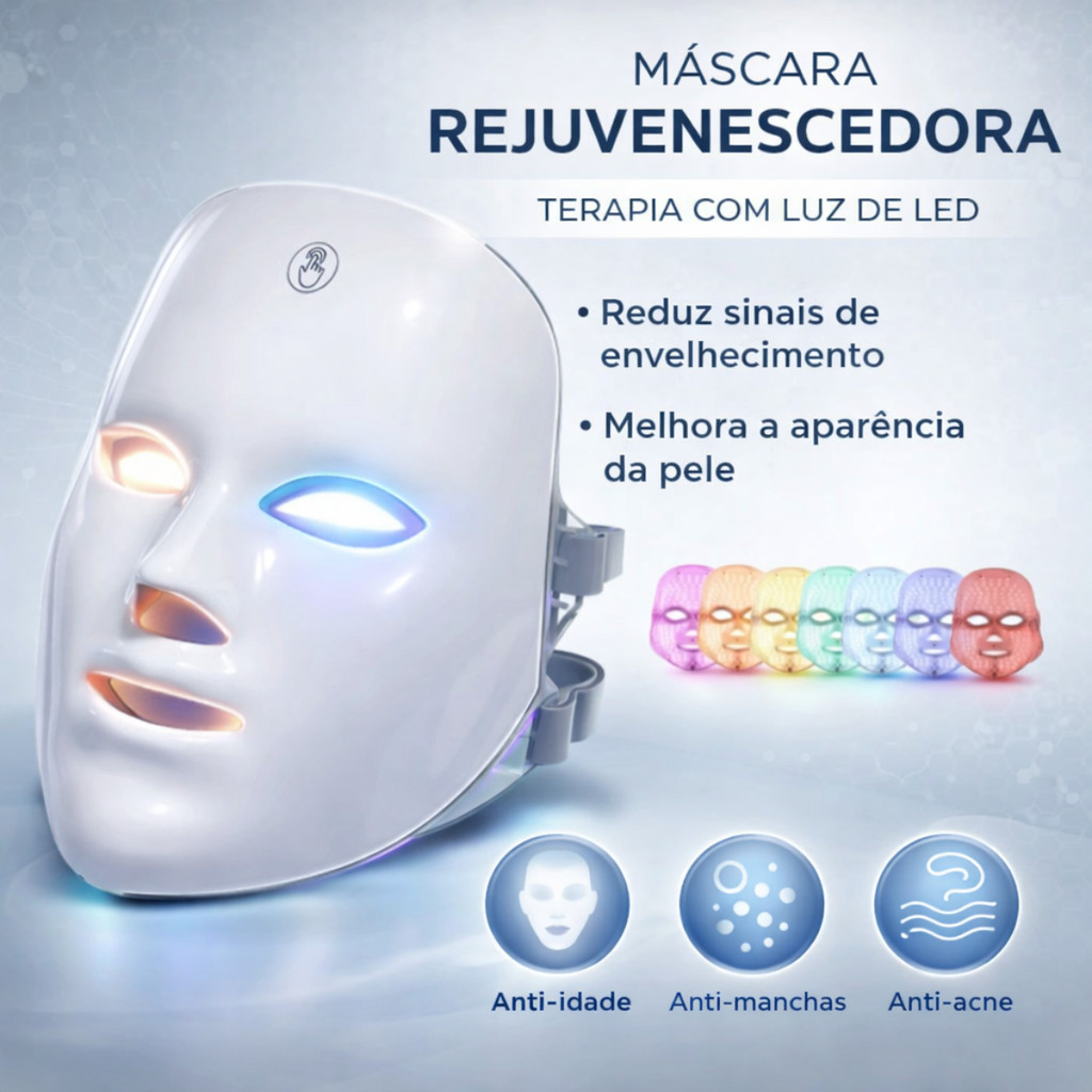 Mascara Facial Rejuvenescimento Recarregável com Led 7 Cores Máscara de Beleza Tratamento Facial