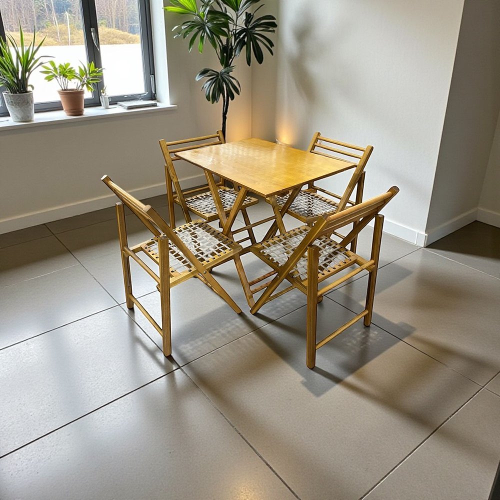 Conjunto Dobrável com Mesa de Madeira e 4 Cadeiras com Corda Náutica Mel