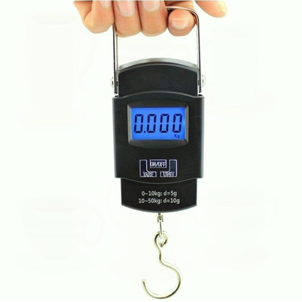 Balança digital de mão para viagem — portátil 10g–50kg com gancho e LCD