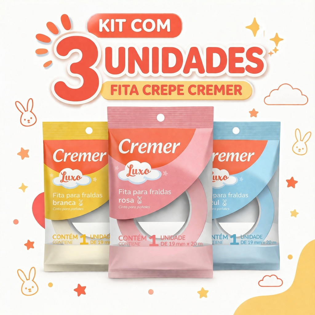 Fita Crepe Cremer 19mm x 20m Para Fralda e Embalagens Kit 3 Unidades Rosa Azul Branco