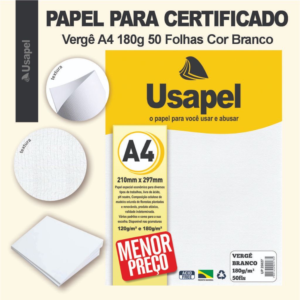 Papel para Certificado Vergê A4 180g 50 Folhas Cor Branco para Impressora Jato Tinta ou Laser
