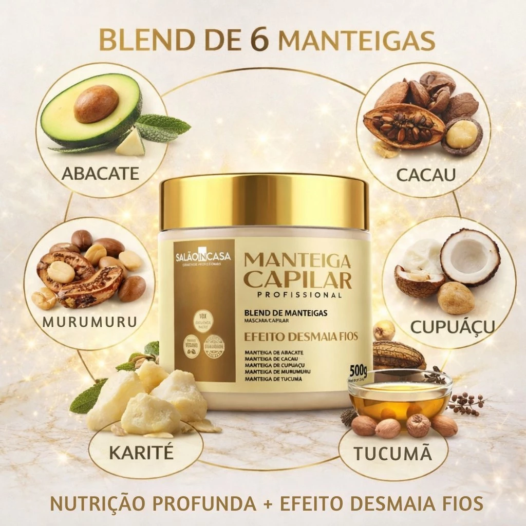 Máscara Capilar Mega Nutrição 500g | 6 Manteigas | Desmaia Cabelo | Nutrição Profunda | Anti Frizz | Salão In Casa