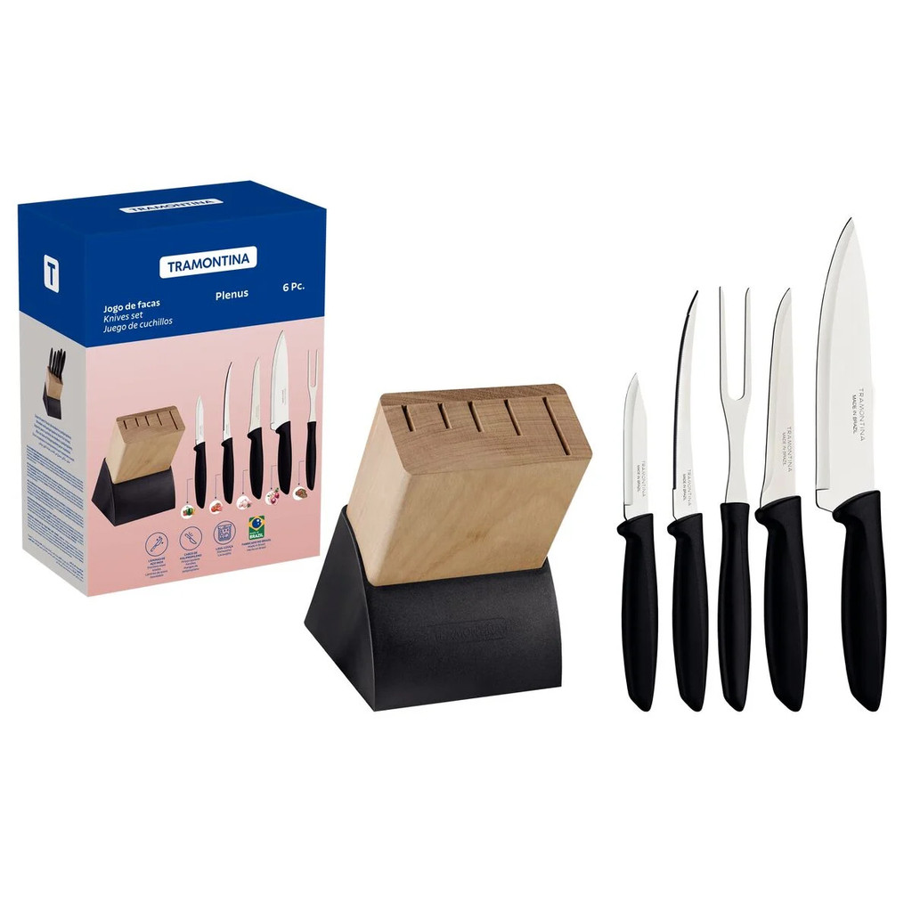Kit Jogo de Facas Tramontina Plenus Suporte de Madeira 6 Peças Aço Inox