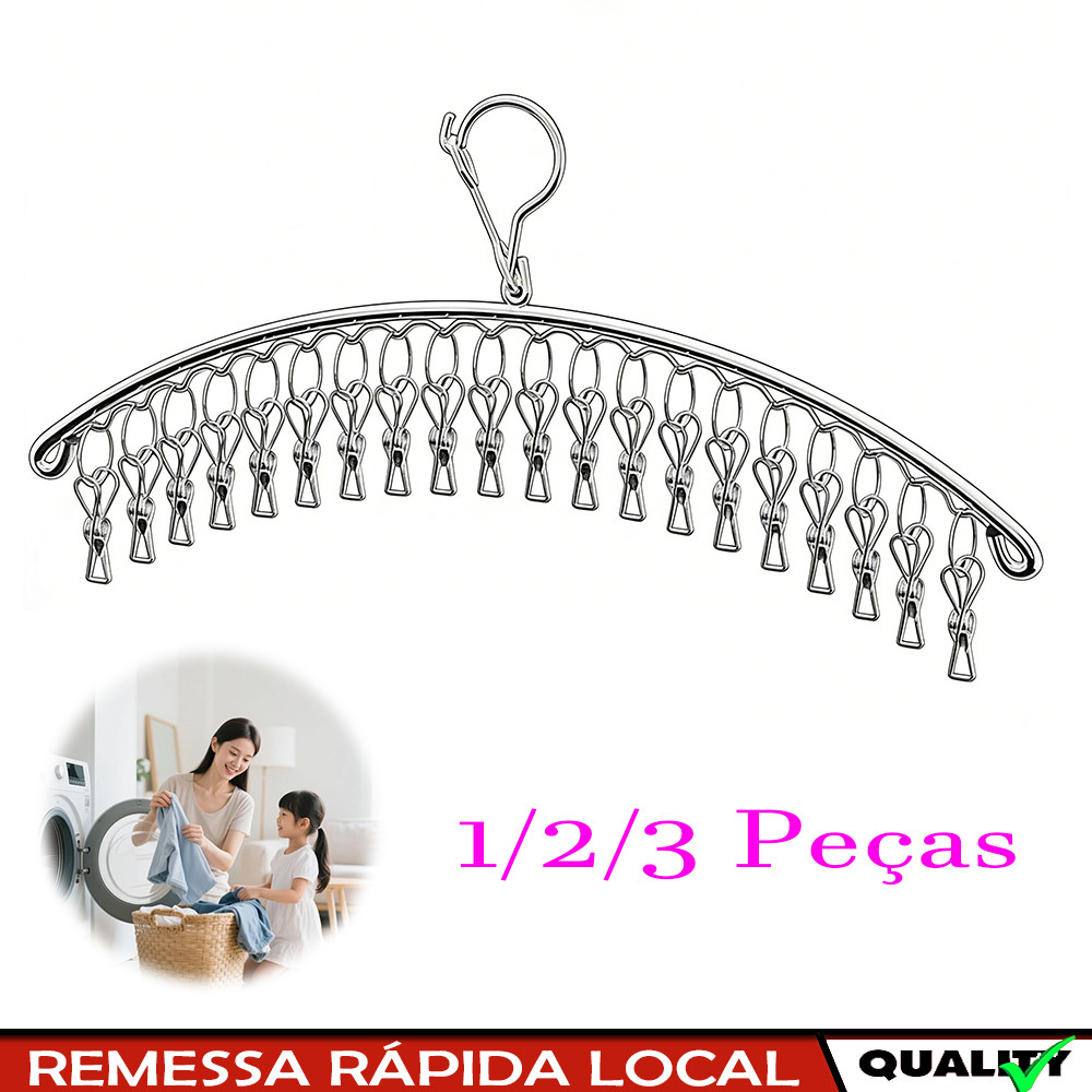 Varal de Roupas com 20 Prendedores Inox – Varal com Clipes Firmes e Gancho – para Meias, Roupas Íntimas, Panos de Prato