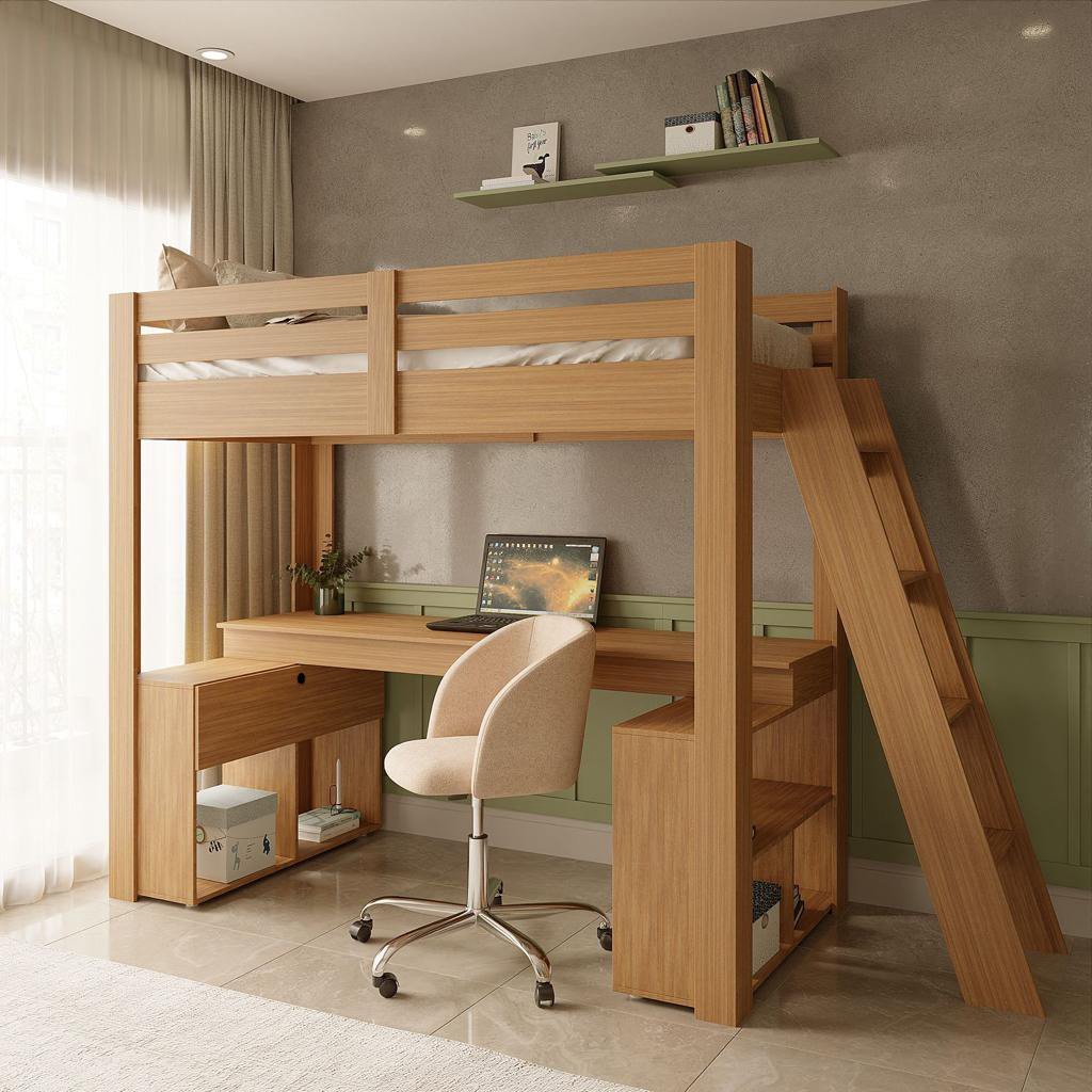 Cama Alta Beliche Office Star Light com Escada Inclinada Marrom/Freijó Freijó
