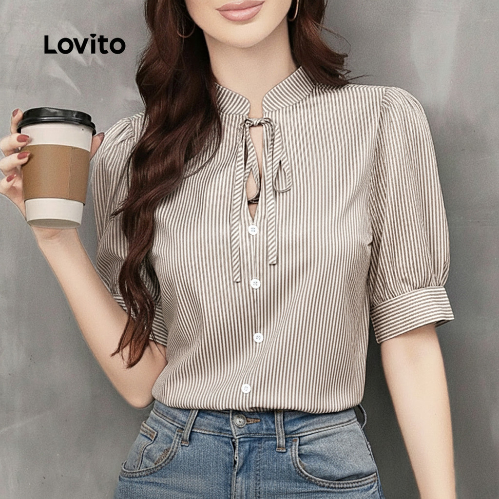 Lovito Casual Blusa com Cadarço Formal Oficial Blusa Primavera/verão para Mulheres Bordado LK3LD362