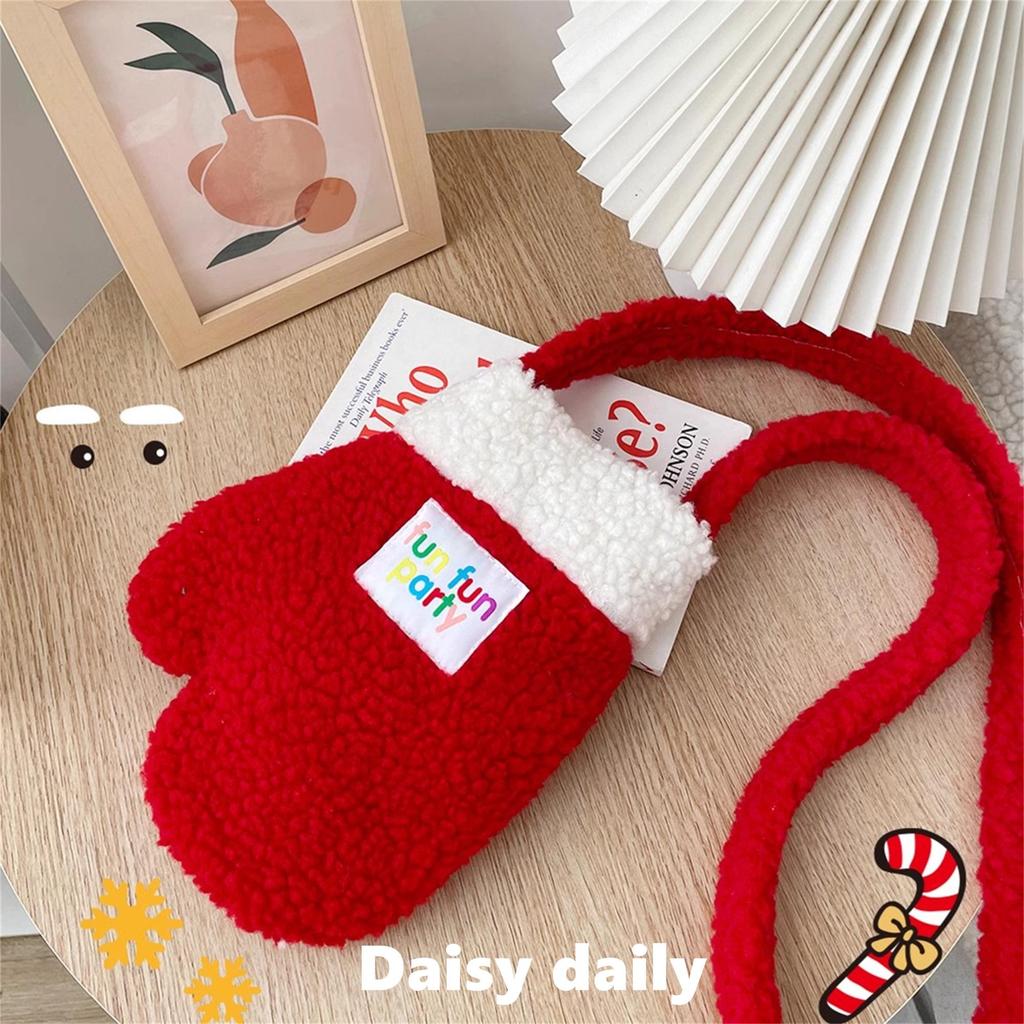 Luvas fofas caseiras saco de pelúcia natal véspera de ano novo pequeno saco grande vermelho pelúcia inverno Cross-body s