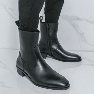 Botas de Cowboy ocidentais cavaleiro apontou Toe botas de couro deslizamento em botas de cano alto versão coreana botas 