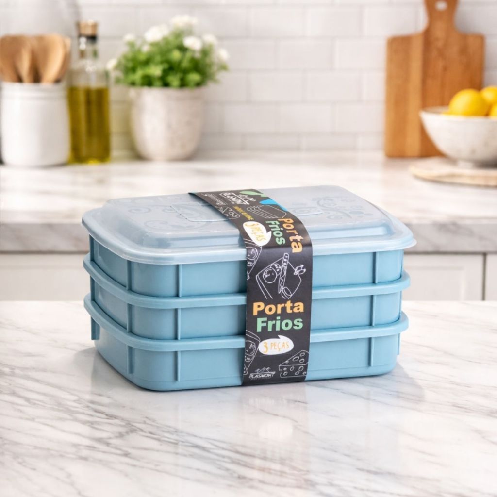 Porta Frios 3 Peças Com Tampa Transparente Colorido Organizador Geladeira Queijo Presunto Cozinha BPA Free Prático