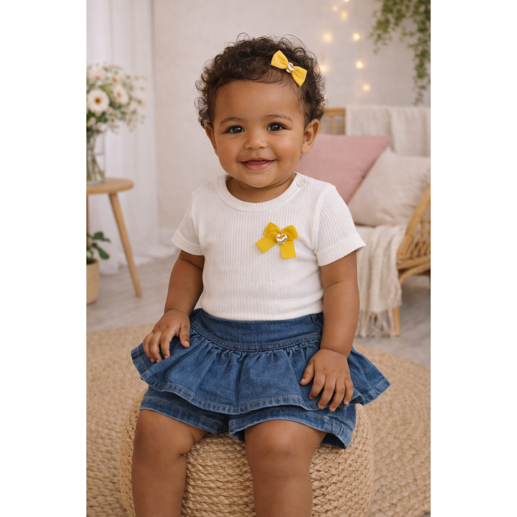 Conjunto Bebê Body Off White Texturizado + Shorts Jeans Saia  8010 TAMANHO  P