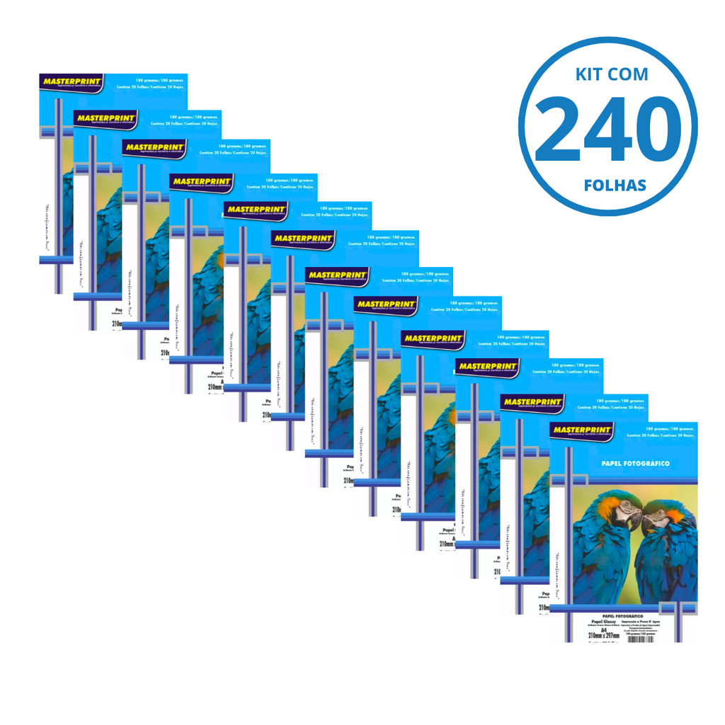 Kit 240 Folhas de Papel Fotográfico A4 Sem adesivo 180g Brilhante-12 Pacotes c/