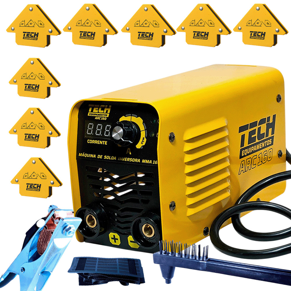 Kit inversora Solda ARC 160 TECH 220V com 8 Esquadros Magnéticos 12kg Porta Eletrodo Garra Máscara