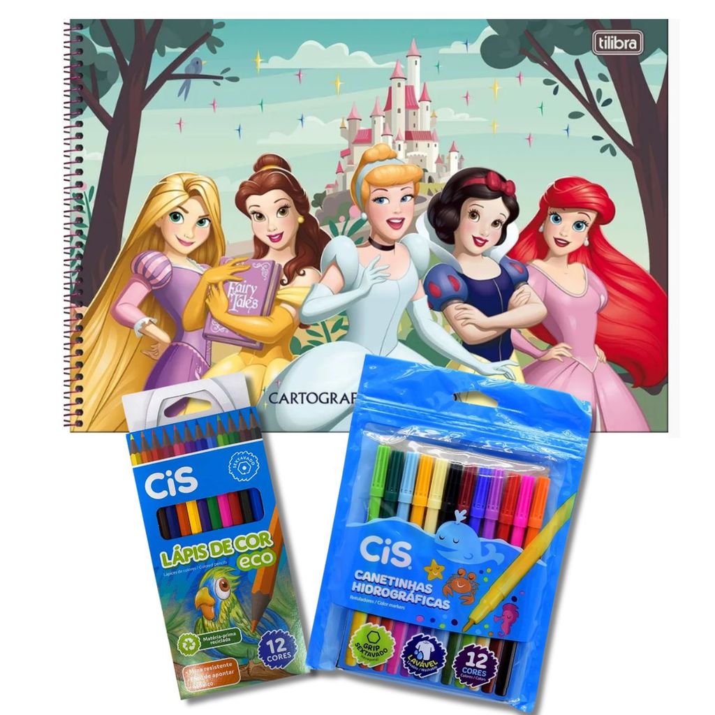 KIT COLORIR CIS CANETINHA E LAPIS DE COR + CADERNO CARTOGRAFIA CAPA DURA 80FLS PRINCESAS 26 TILIBRA