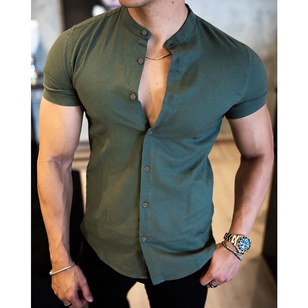 Camisa Masculina Gola Padre Casual Linho Manga Curta Moda Luxo