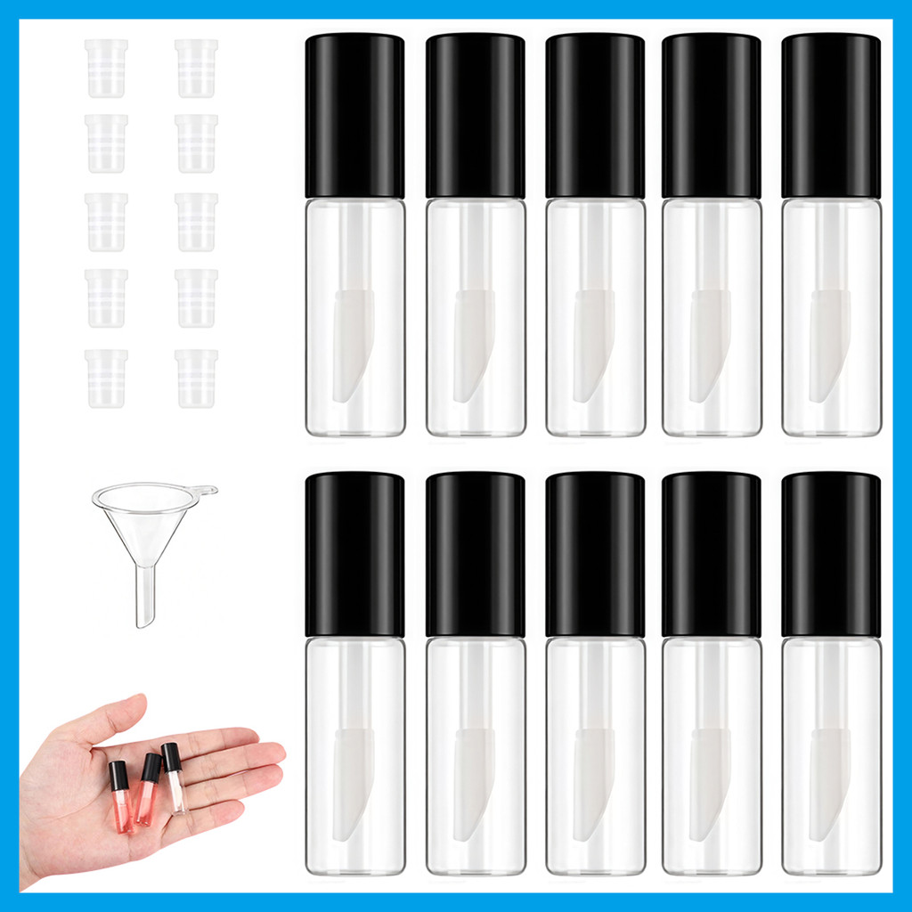 10 peças 1.2ml garrafa de sub-embalagem de esmalte labial preto com 10 peças de rolha interna de borracha + 1 peça funil