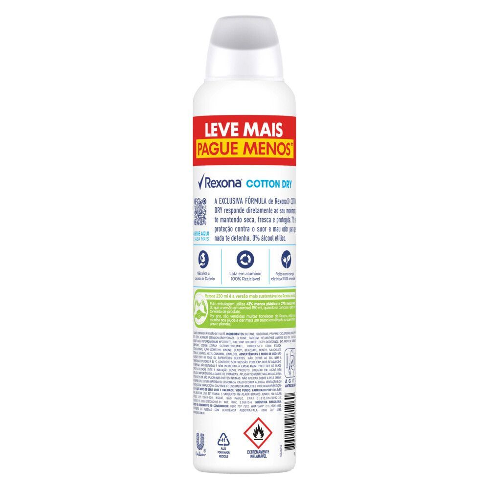 Detalhes do Desodorante Antitranspirante Aerosol Feminino Rexona Cotton Dry 72 horas 250ml Leve Mais Pague Menos