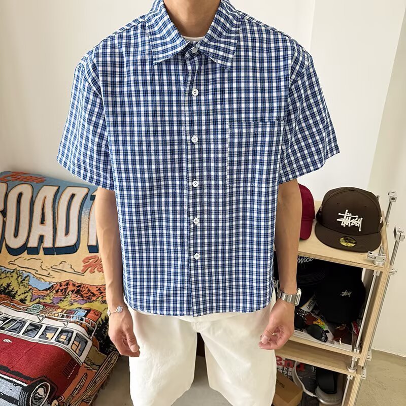 Estilo japonês verão japonês Retro xadrez camisa de manga curta das mulheres dos homens camisa 2025 nicho novo estilo si