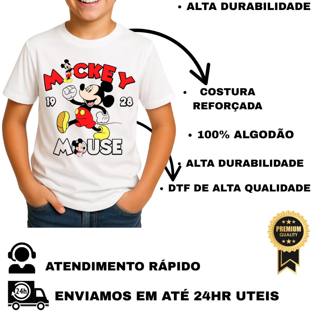 Camiseta Infantil Juvenil Mickey Mouse Camisa Estampada Mickey Algodão N2 ao 16 Tendencia Lançamento