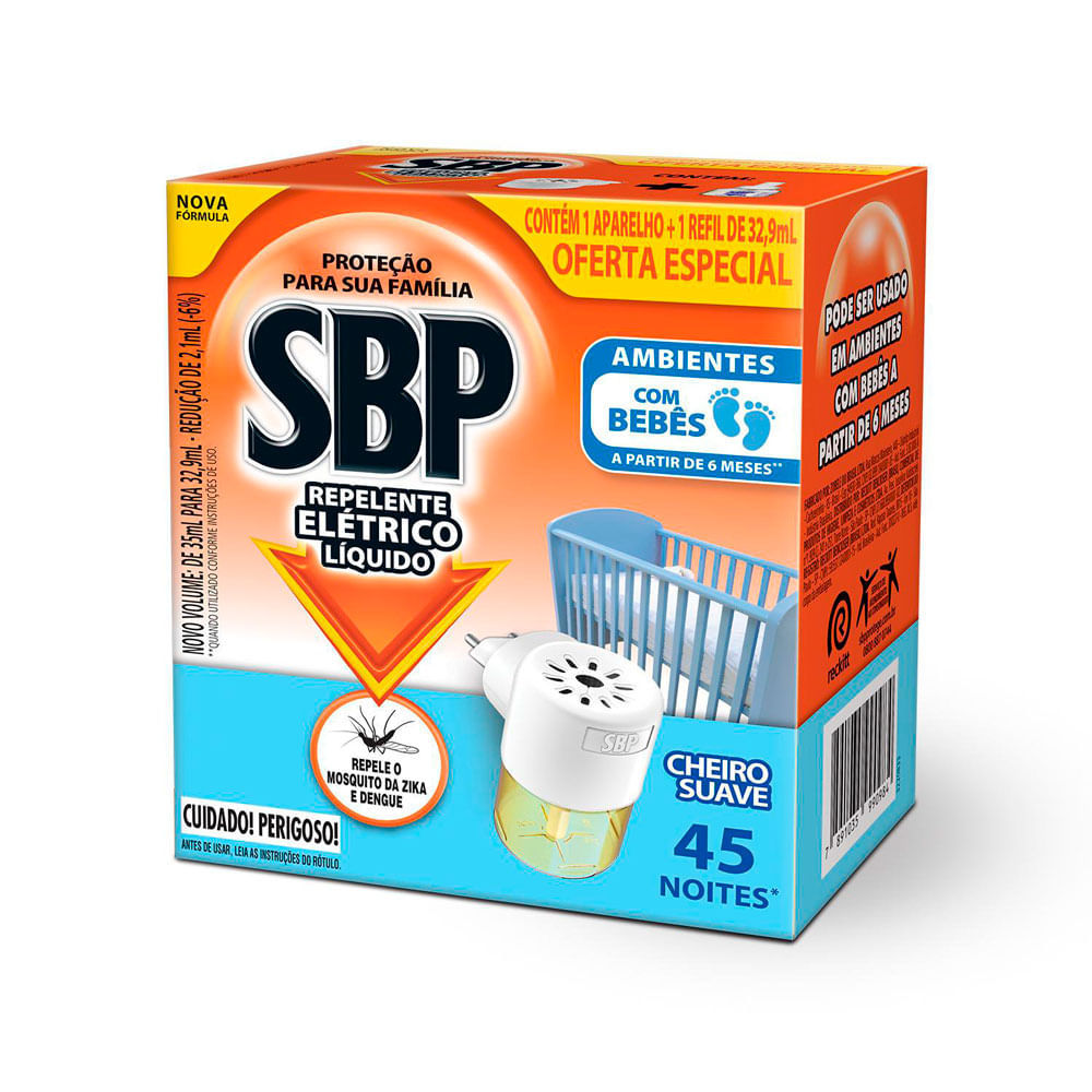 Repelente Elétrico Líquido SBP 45 Noites Cheiro Suave com 1 Aparelho + 1 Refil de 35ml Oferta Especial em Oferta na Shopee