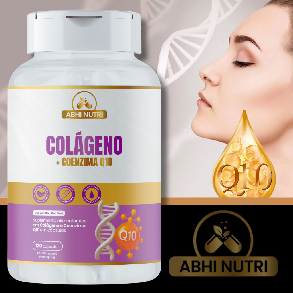 Colágeno + Coenzima Q10 -120 Cápsulas de 500 mg - Kits Com 1, 2 e 3 Frascos. ABHI Nutri