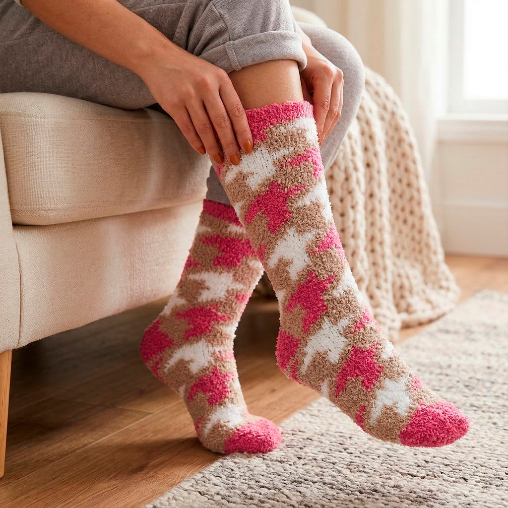 Kit 2 Pares Meia Feminina Peluda Velo Coral Cano Alto Estampada Cores Variadas Inverno — imagem 2 de 2