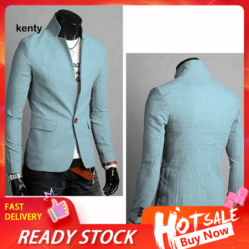 kT Masculino Outono Cor Sólida Lapela Gola Botão Bolsos Decoração Casaco De Negócios Blazer