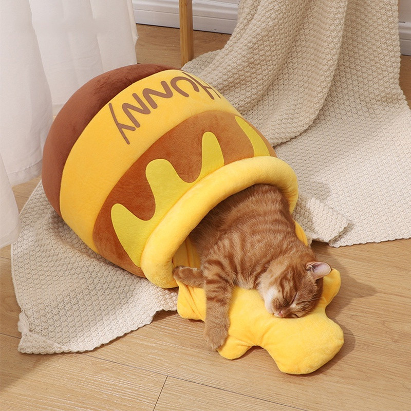 Cama para Gato em Forma de Pote de Mel, Casa de Inverno para Sono Profundo, Tapete de Pelúcia, Ninho Quente para Dormir,