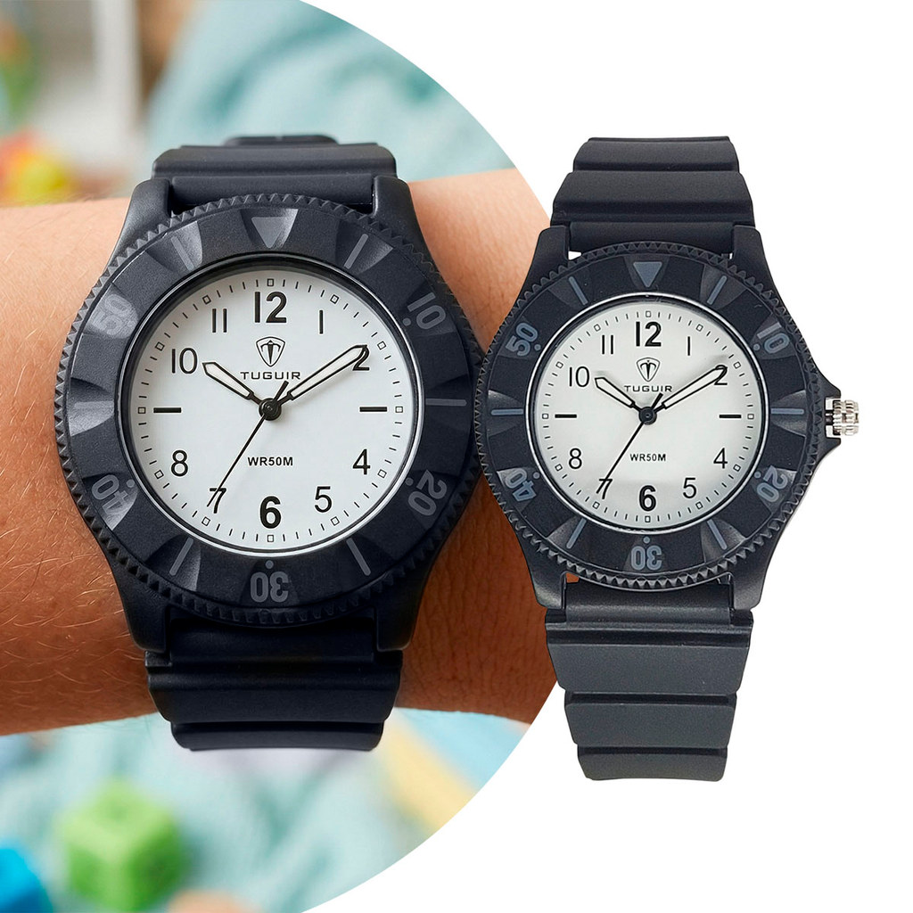 Relógio Analógico Infantil Preto Masculino com Caixa de Polímero e Pulseira de Silicone à Prova D Água Elegante Tuguir