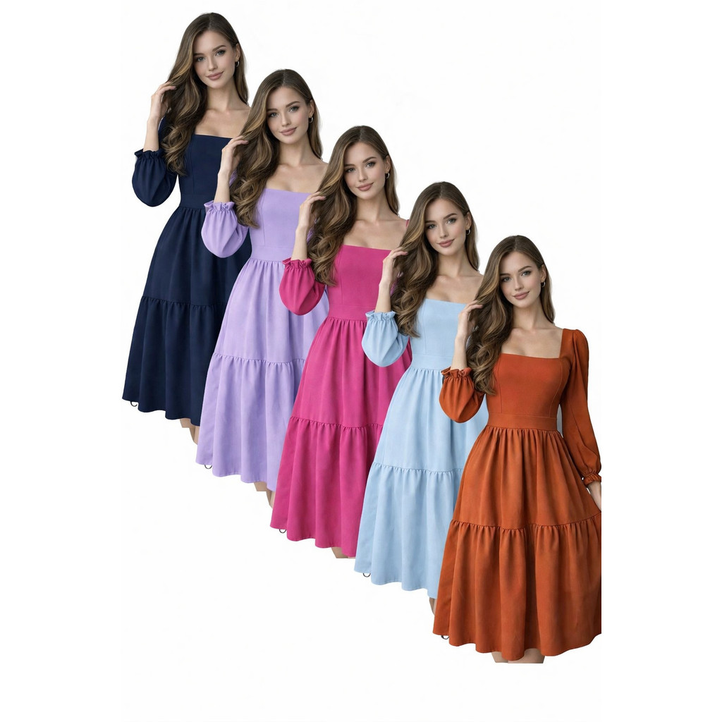 Vestido Midi Feminino Elegante Casual Soltinho com Babado Manga tecido leve tendencia
