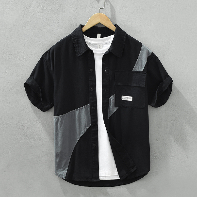 Costura Contraste Cor Ferramentas Camisa de Manga Curta Masculina Verão 2024 Estilo Design Masculino Camisa Casual