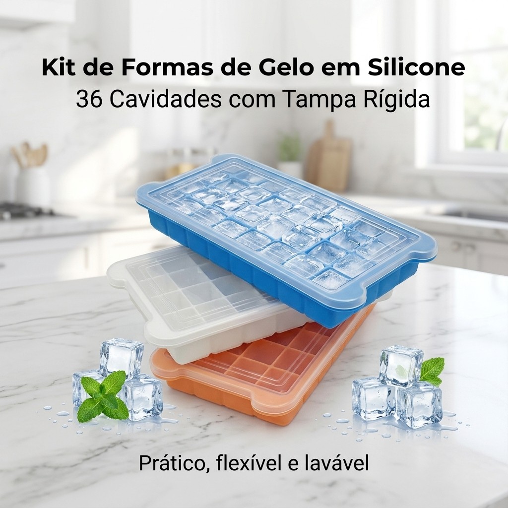 Kits Formas de Gelo Silicone Com Tampa Rígida Flexível Fundo Retangular 36 Cubos Multiuso Lavável em Oferta na Shopee