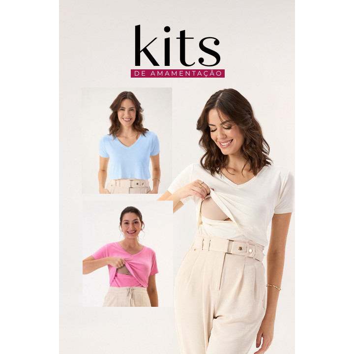 KIT 3 BLUSAS DE AMAMENTAÇÃO GOLA V | ROSA • AZUL • OFF
