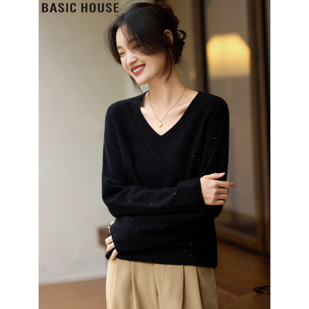 Casa básica/casa básica francesa preta lantejoulas lã tricotada com decote em V suéter camisa feminina outono inverno