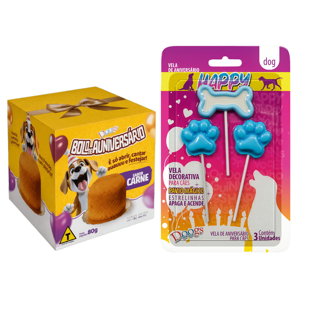 Kit Bolo de Aniversário para Cachorro Doogs e Vela de Festa para Pets