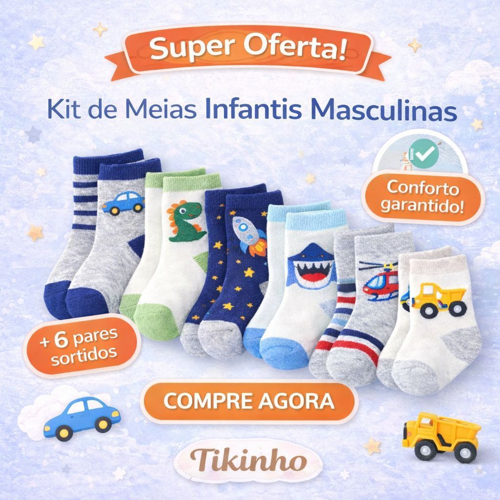 Kit 12 Meias Infantil Bebê Criança Menino  0 a 10 Anos Algodão com Elastano Confortável Estampas masculina Sortidas